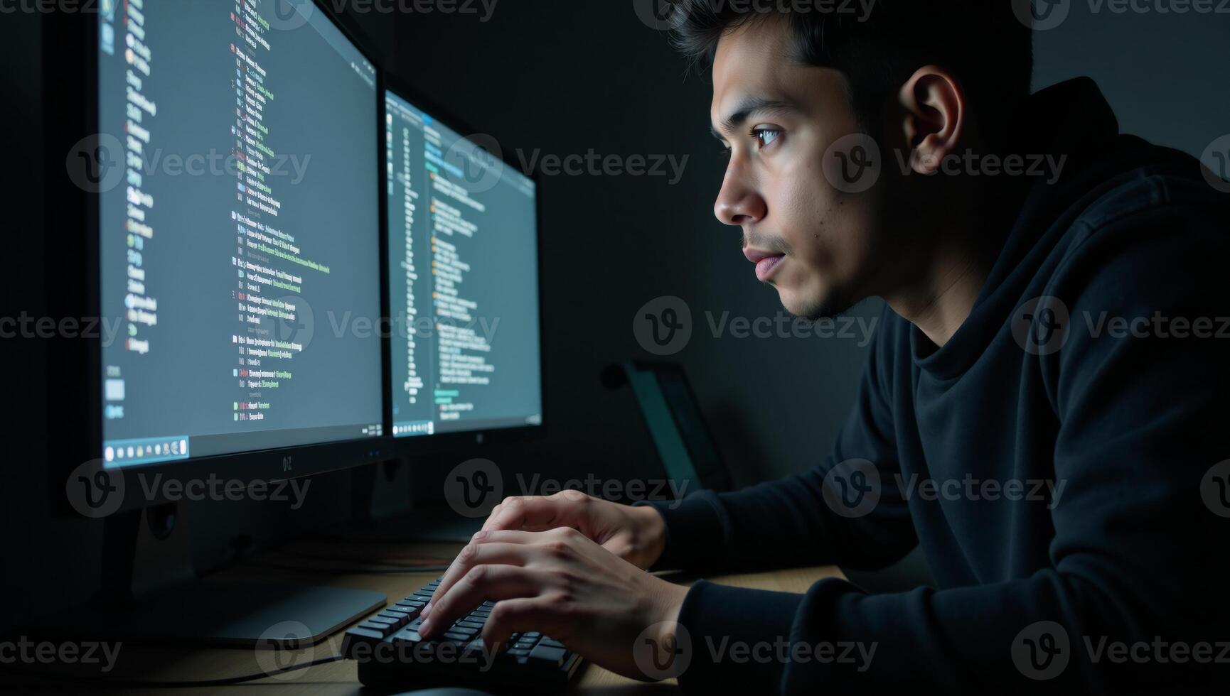 Digital illustration showcases a hacker at work with hightech equipment surrounding them photo