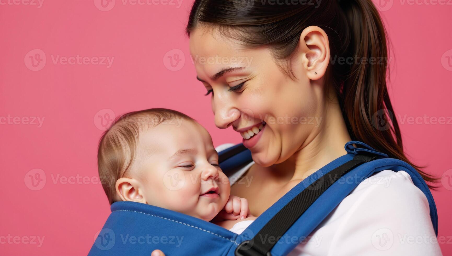 A smiling mother tenderly holds her sleeping baby in a blue carrier on a pink backdrop photo