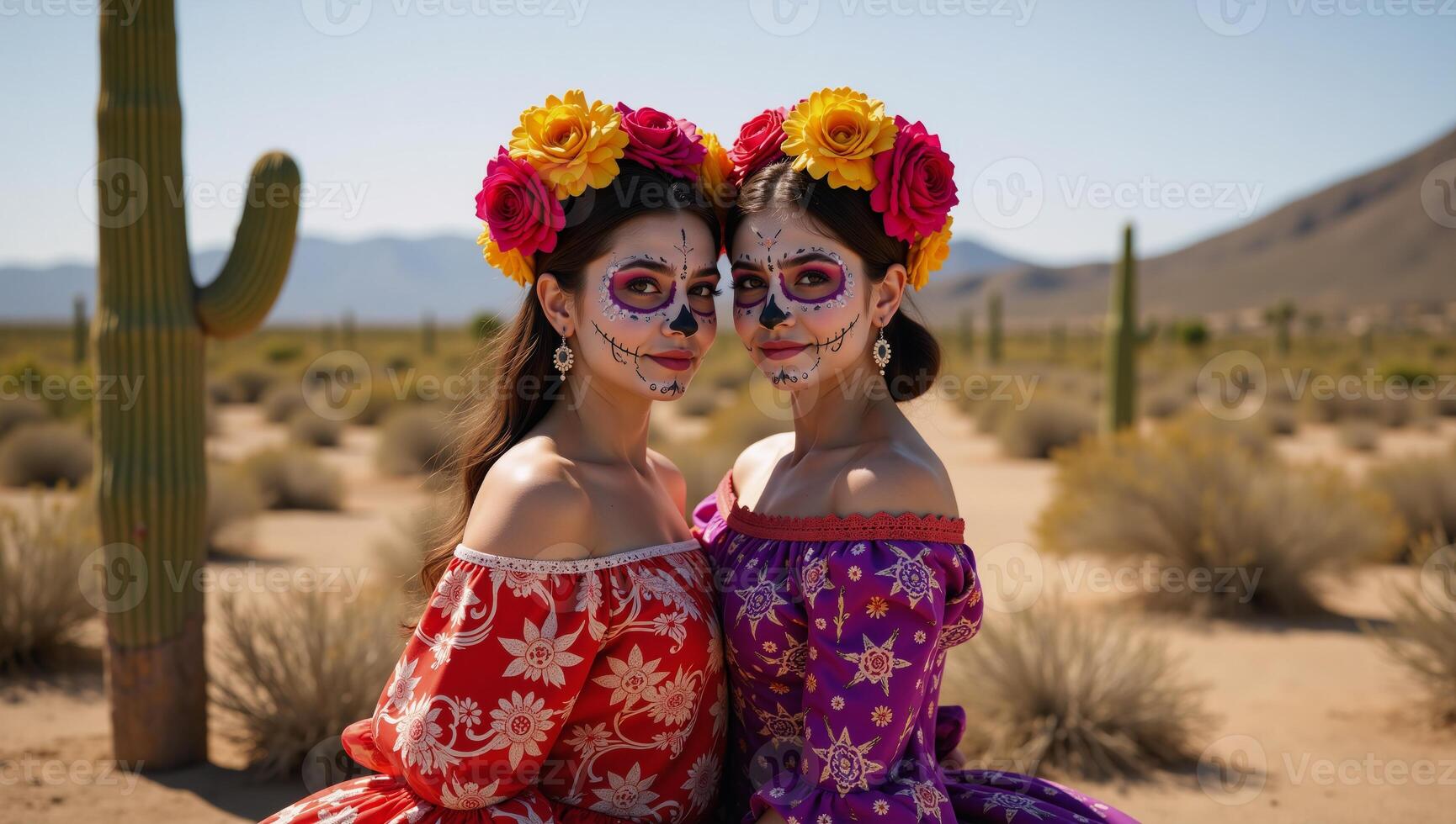 Dia de los Muertos depiction of two catrinas with sugar skull makeup in a barren Mexican desert landscape photo