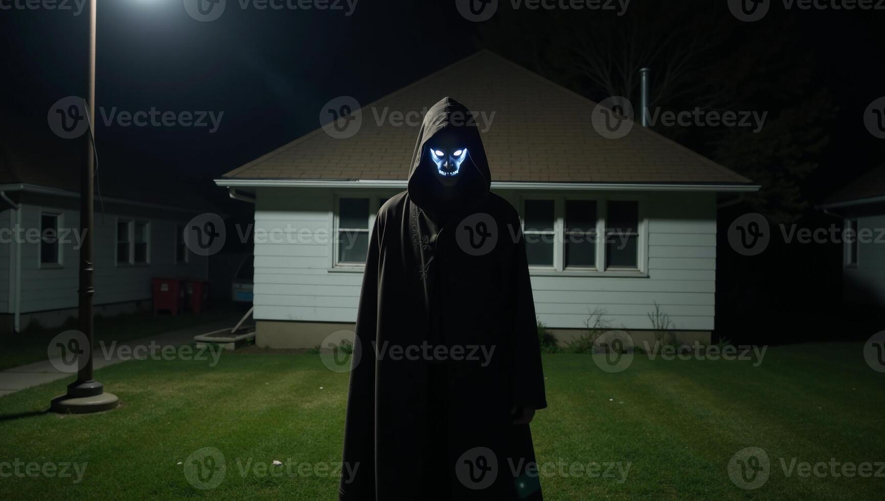 Hooded intruder with glowing eyes tries to break into house at night photo