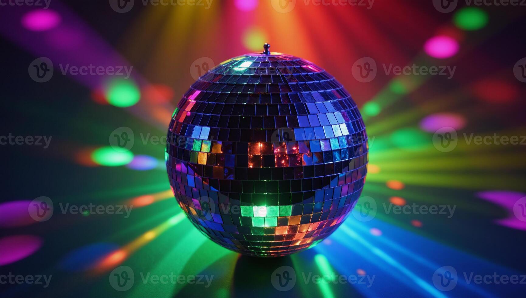 Colorful disco ball illuminating an event party scene at night photo