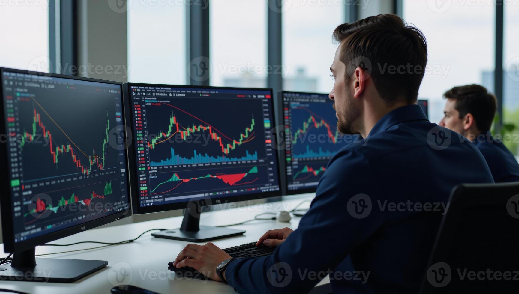 Trading analysis on multimonitor setup with stock market data and financial graphics in office setting photo