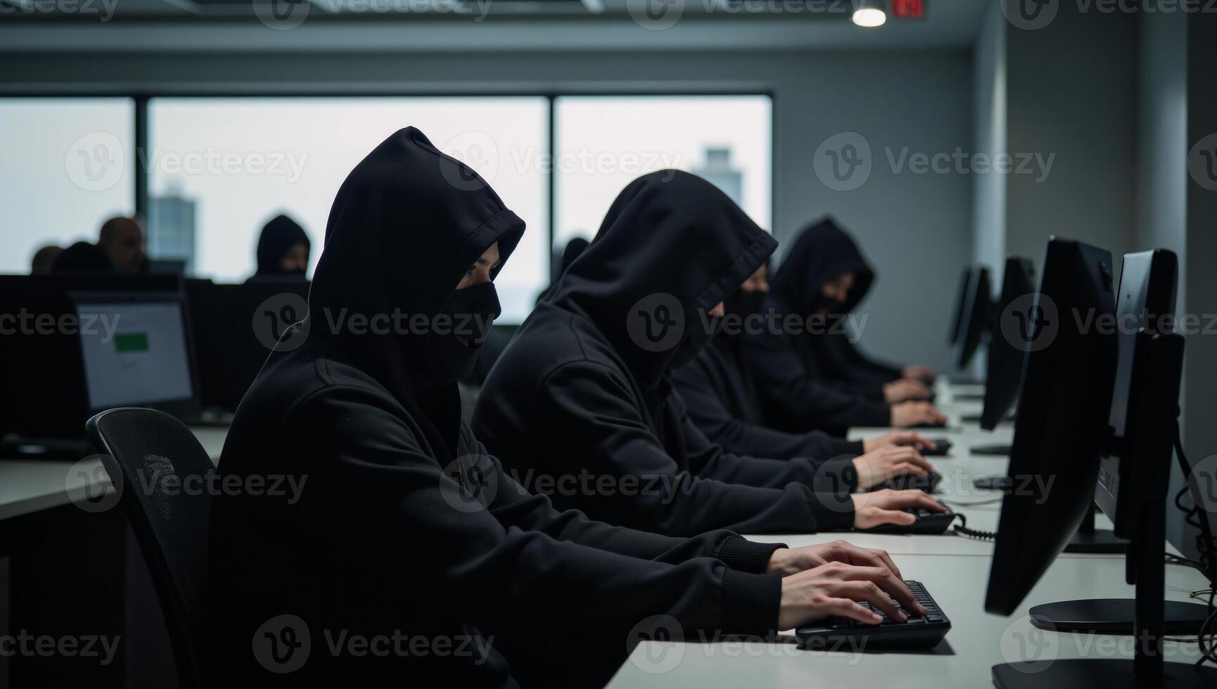 Call Center Scammers Criminals in masks and headsets at work with computers photo