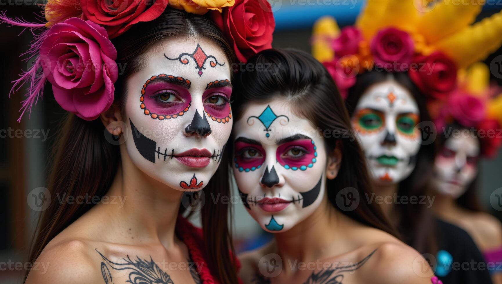 A lively celebration of Da de los Muertos showcases bold and colorful skullfaced women as Calaveras Catrinas at a cultural event inspired by traditional tattoos photo