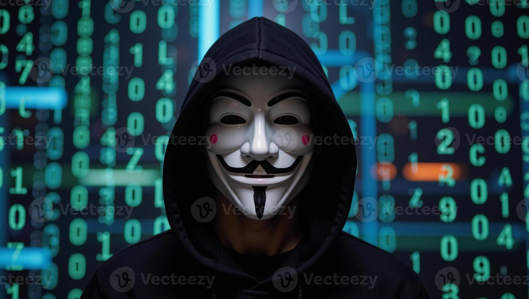 Digital art depicting a hacker wearing the Anonymous mask and hoodie amidst dark binary code backdrop photo