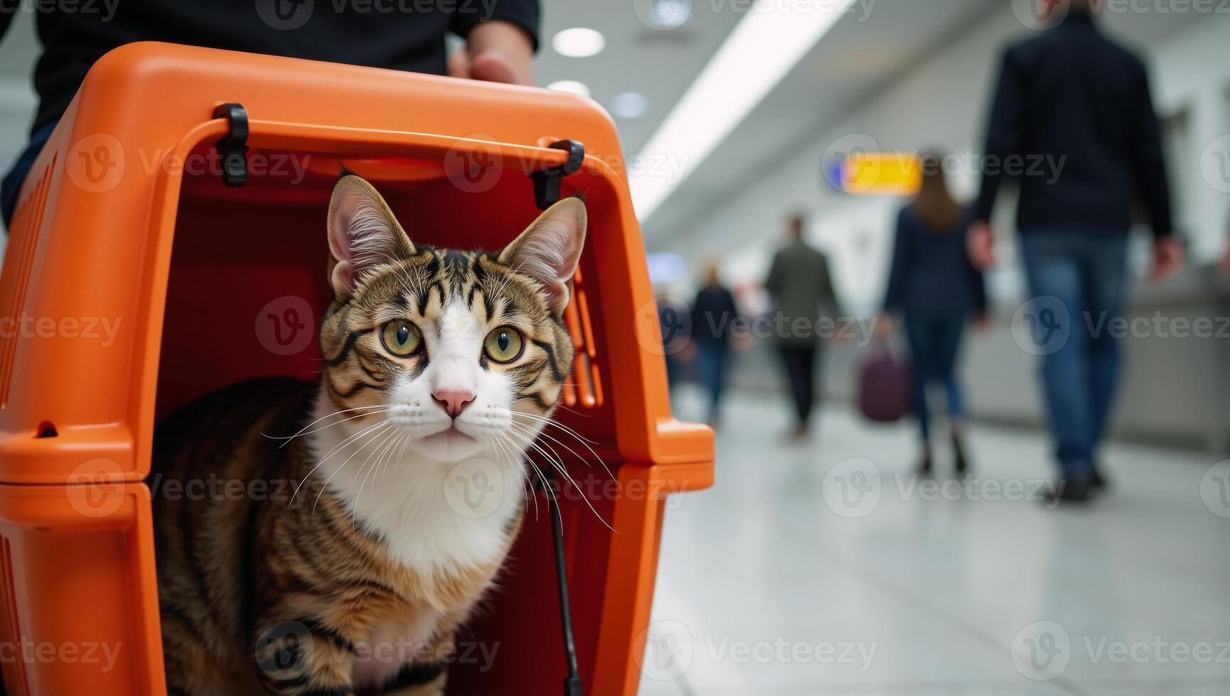 Cat in an orange carrier among airport passengers In a single sentence with concise language that effectively conveys the main subject and setting of your initial description A magical garden photo