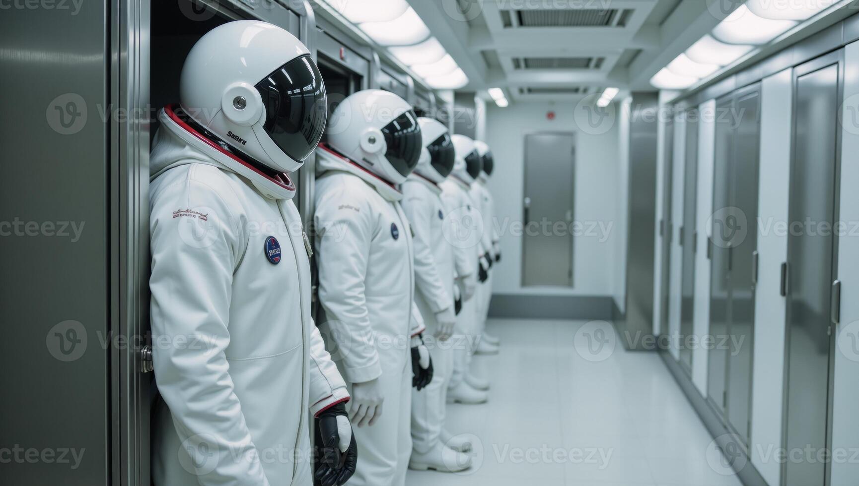 Futuristic spaceship hallways showcase rows of suspended white spacesuits in lockers photo