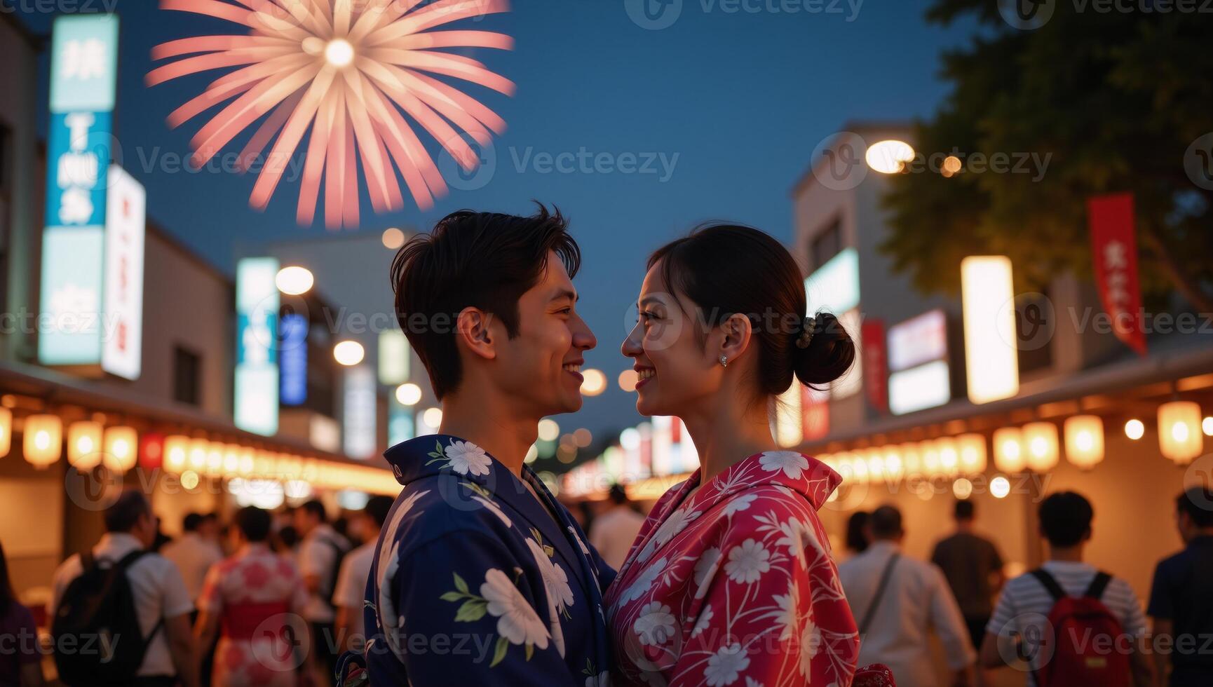 A romantic Japanese couple basks in fireworklit summer nights during a festive evening in Tokyo while dressed in traditional yukatas photo