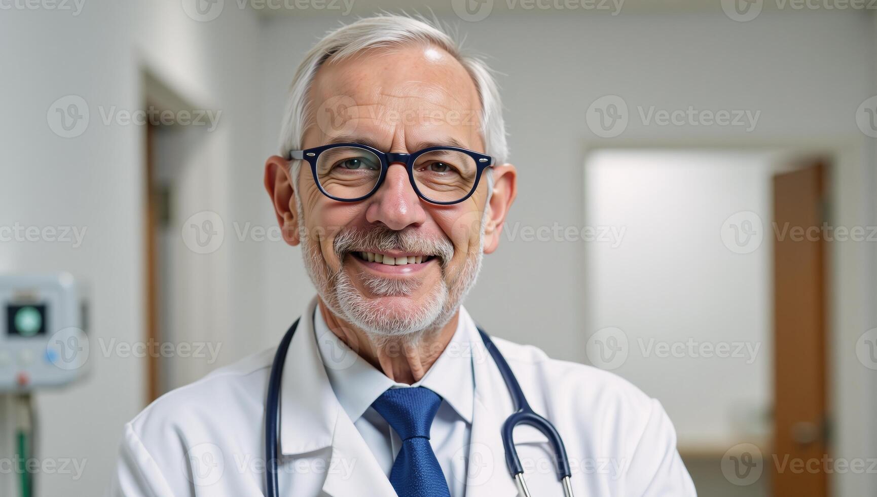 A confident caring elderly doctor beams warmth while dressed professionally in a medical setting photo