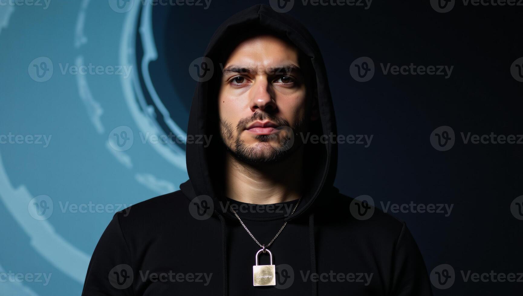 Hooded man with determined look holds emblem of protection before a digitally crafted backdrop photo