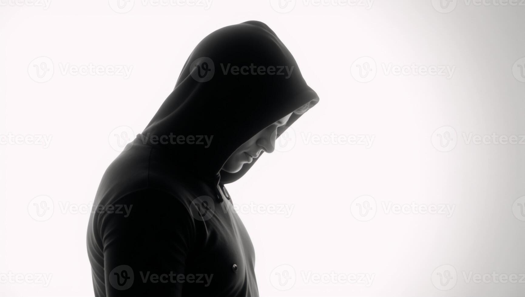 Dark isolated portrait of a hooded hacker in a black silhouette against a stark white backdrop photo