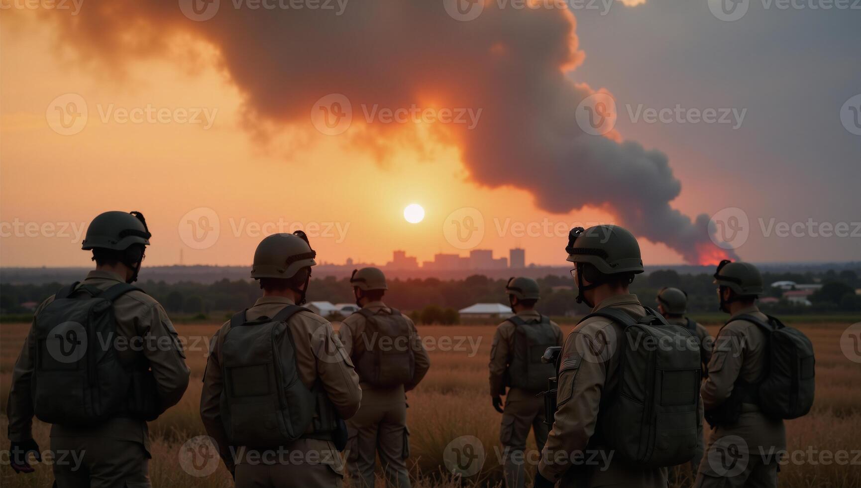 Illustration depicts military figures in protective gear on smoky battlefield under sunset sky during summer photo