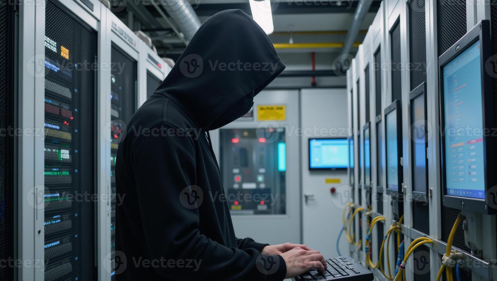 Hacker in hoodie within a data center environment photo