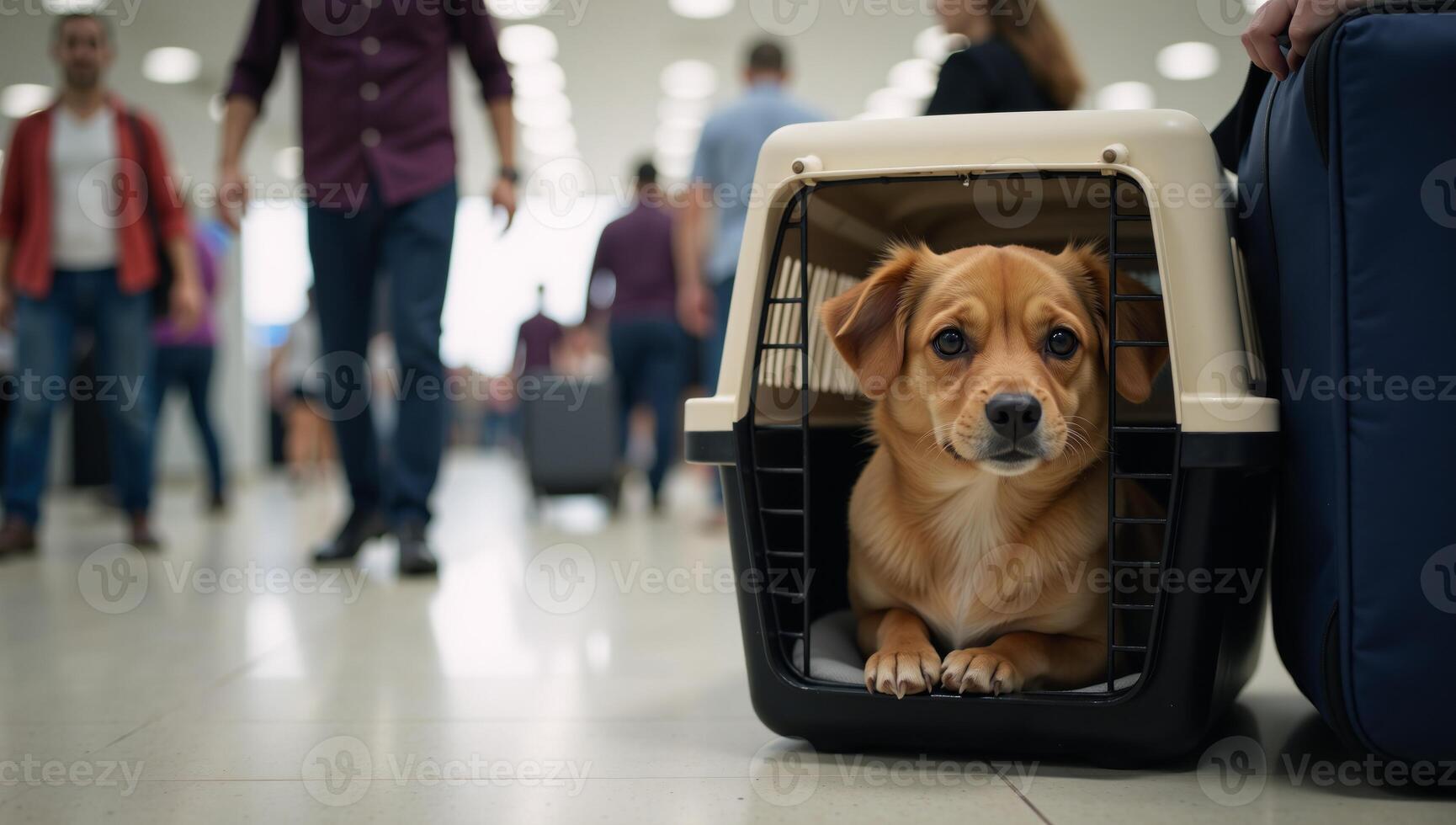 A cute dog is depicted with a pet carrier at a busy airport terminal photo