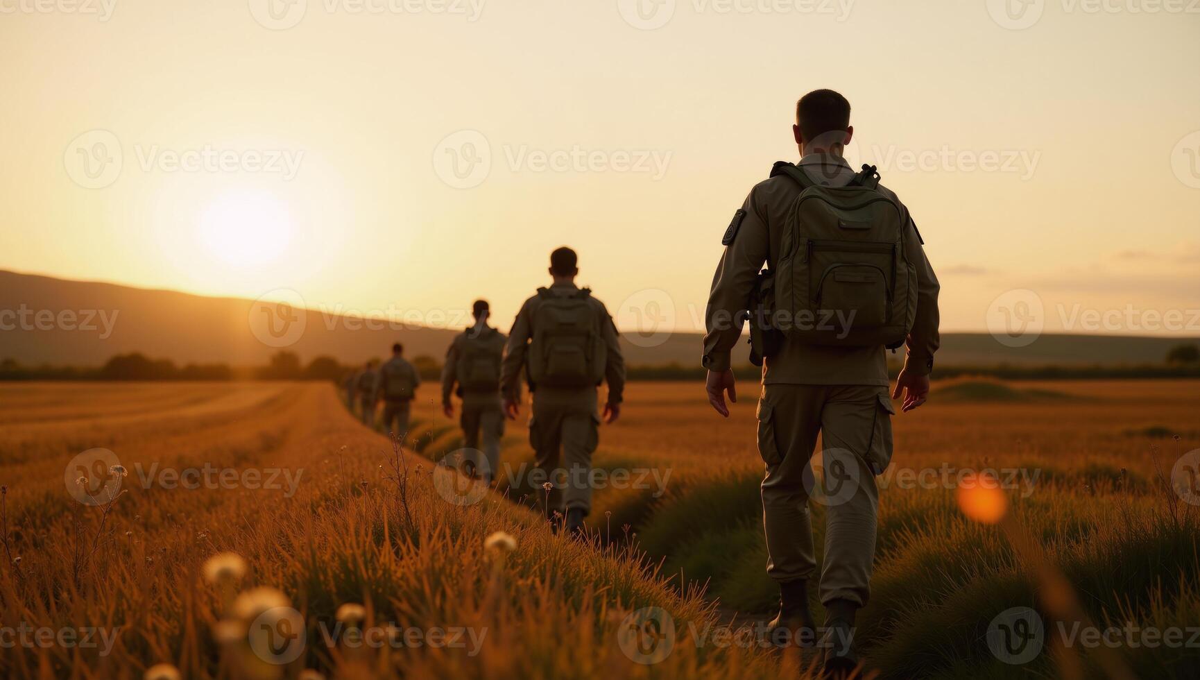 Soldiers walk through a sunlit field at dusk with warm sunlight casting an ethereal glow photo