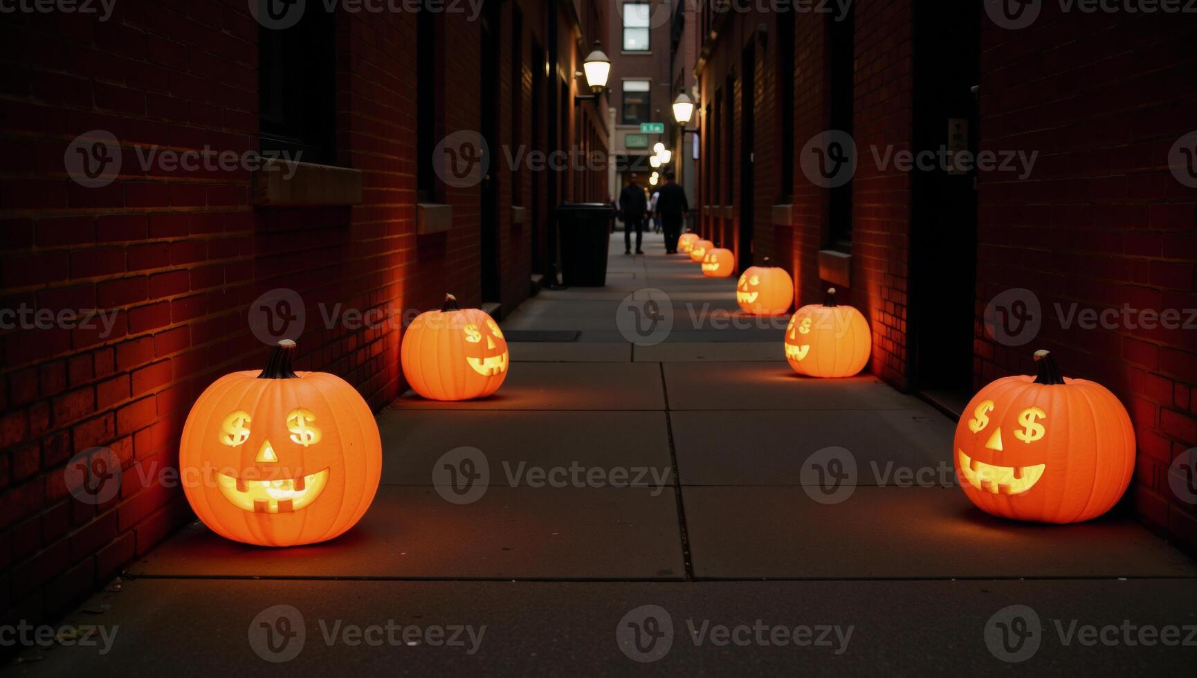 Wall Street alley transformed into an illuminated financial Halloween scene featuring jackolanterns decorated with currency symbols photo
