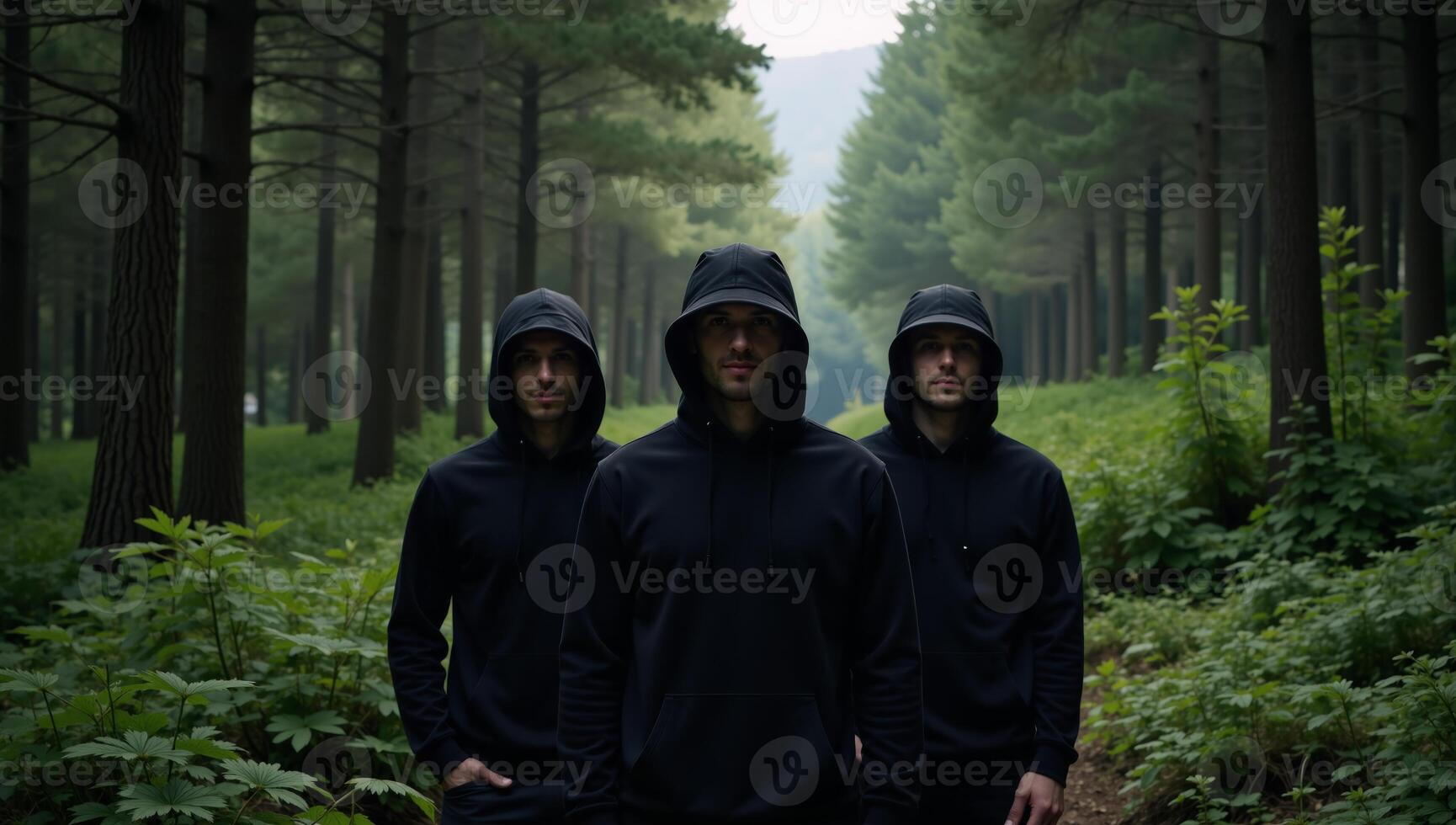Three men in black hoodies and hats gather in a forest setting photo