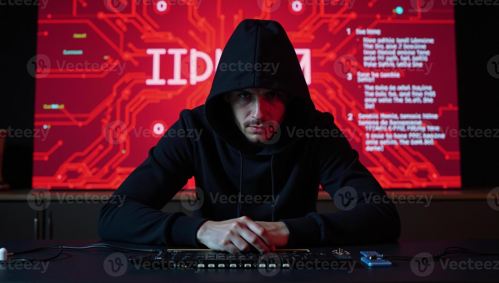 Digital illustration Hacker atop hood against glowing neonred background symbolizing cyber threat and security concern photo