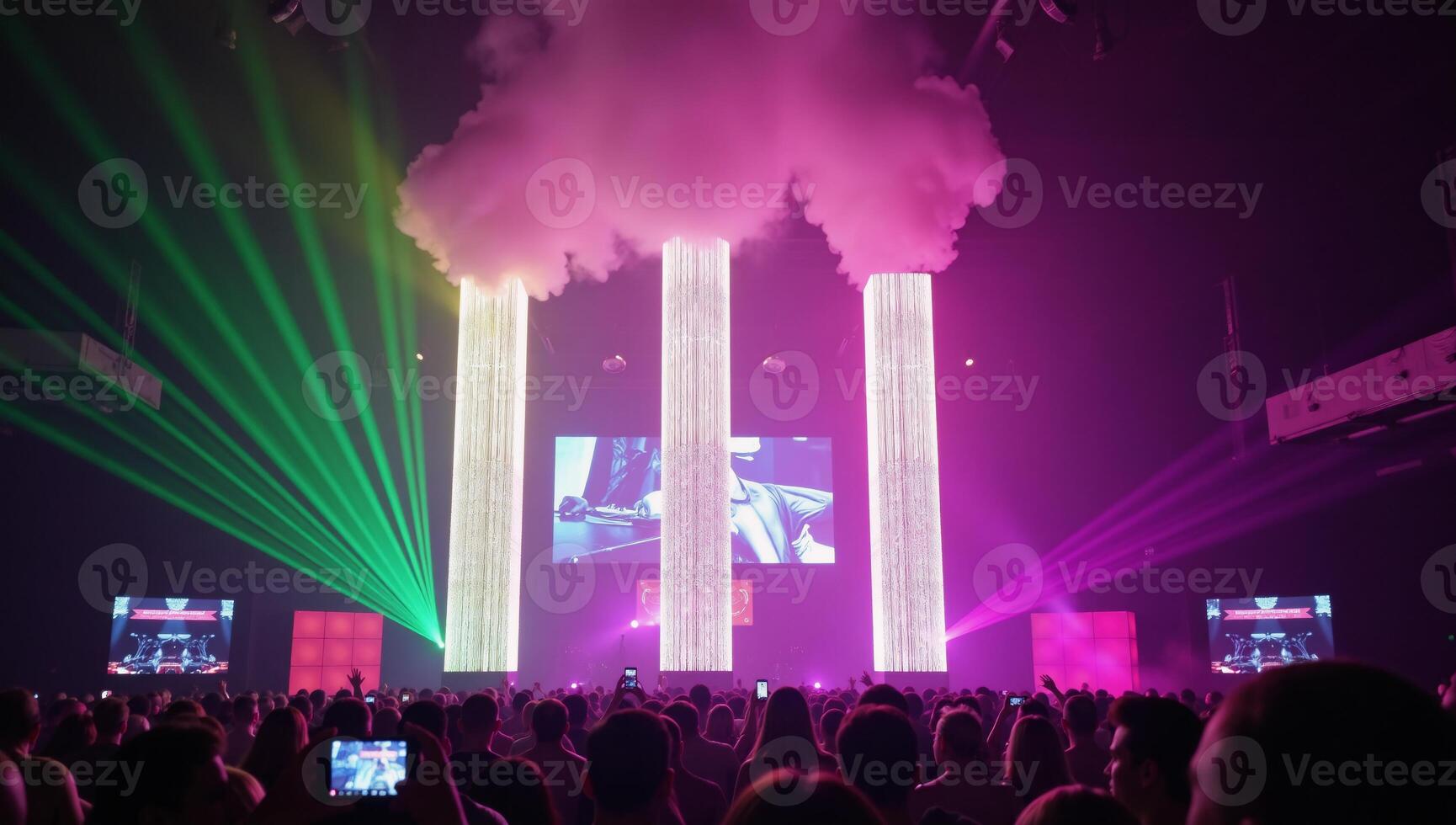 A vibrant rainbow laser show illuminates a bustling nightclub scene filled with dancing people and colored lights on a dimly lit dance floor photo