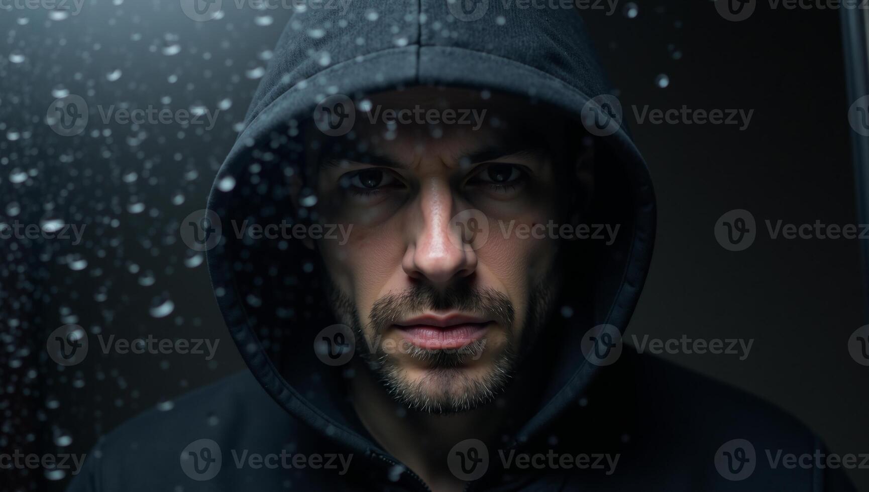 A mysterious figure with piercing gaze peering through a window photo
