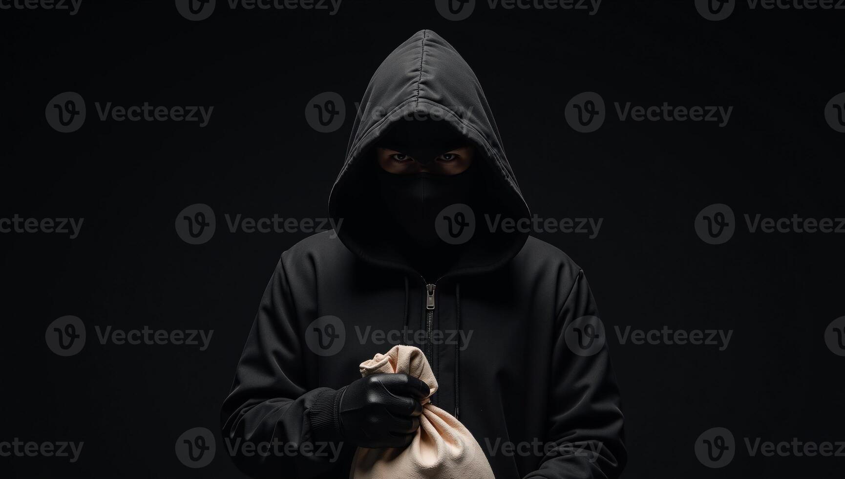 Digital Photorealistic Image Mysterious Bank Robber with Hood Mask Against Dramatic Black Background photo