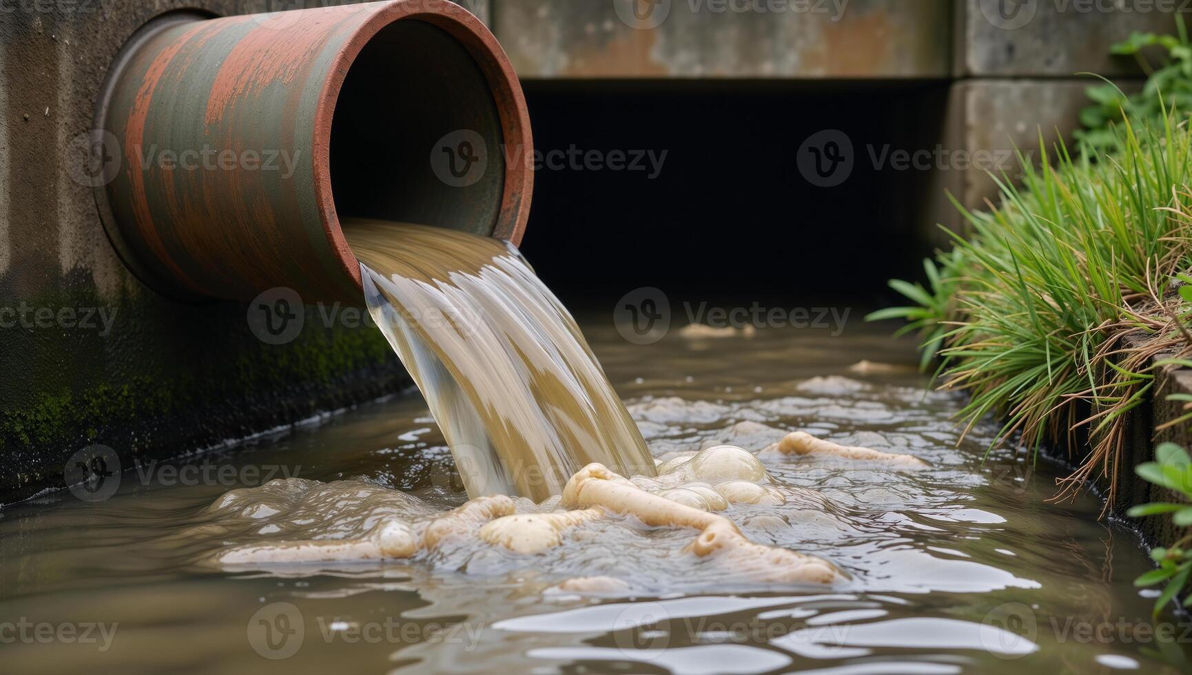 Industrycaused water pollution Sewage pipes releasing contaminated water into a nearby river photo