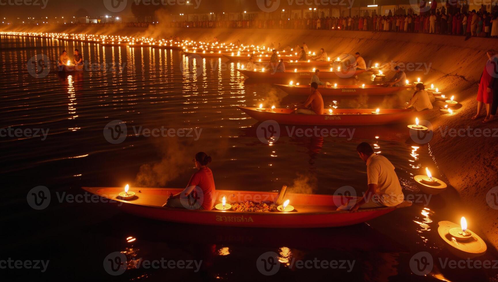 Thousands of lit earthen lamps illuminating DeepavaliDiwali festivities along the riverside in Varanasi Ayodhya India photo