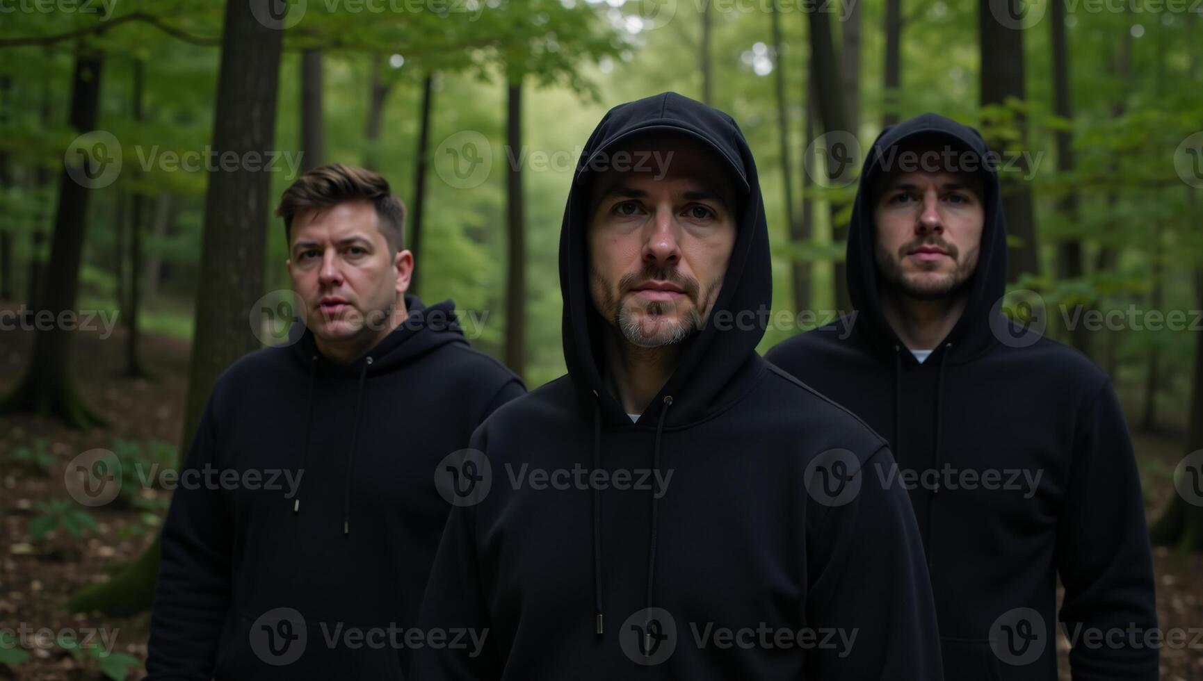 Three cloaked figures stand within a forest photo