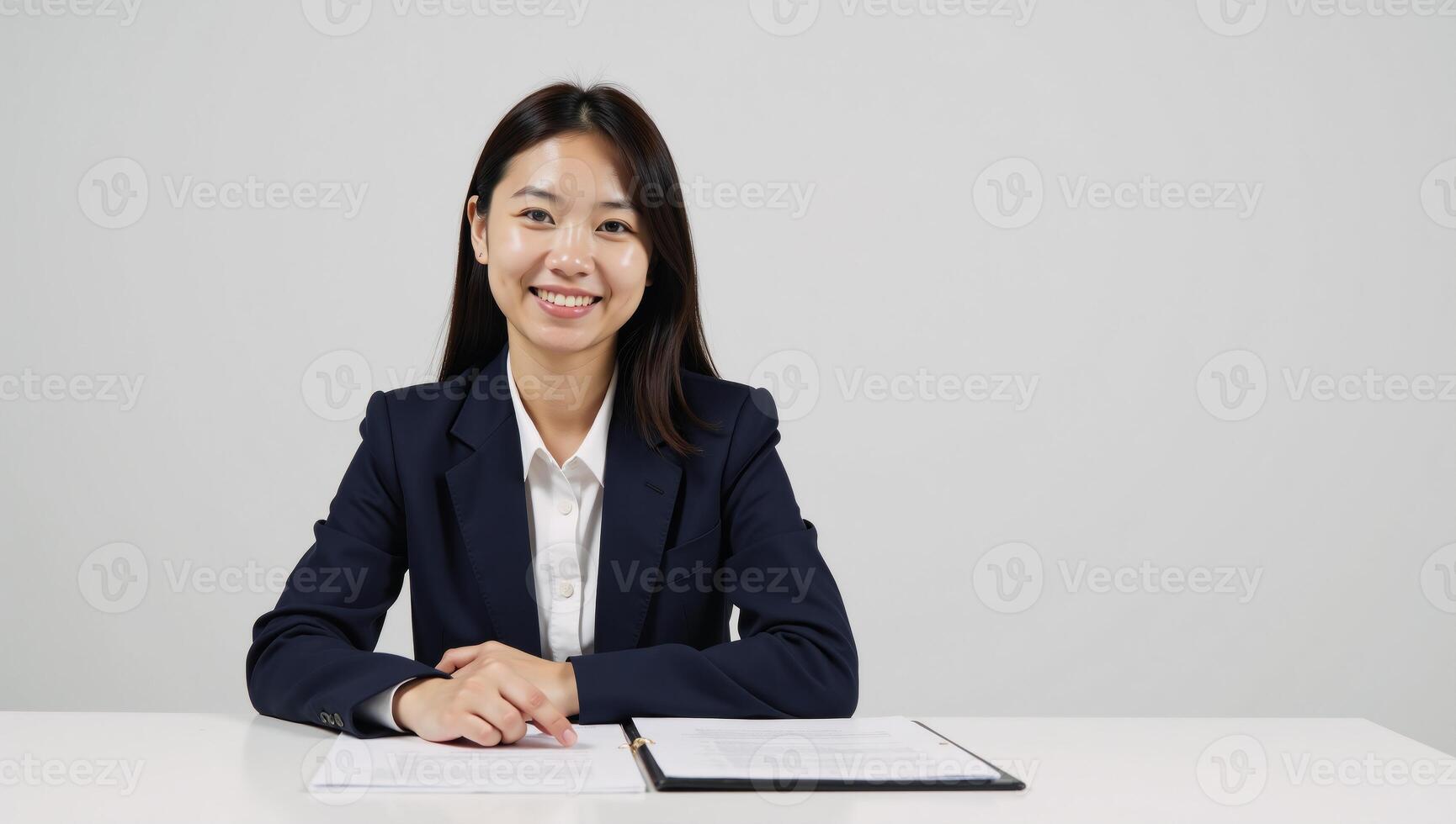 A young cheerful Asian professional donning a suit while at work Company EmployeeSales Manager photo