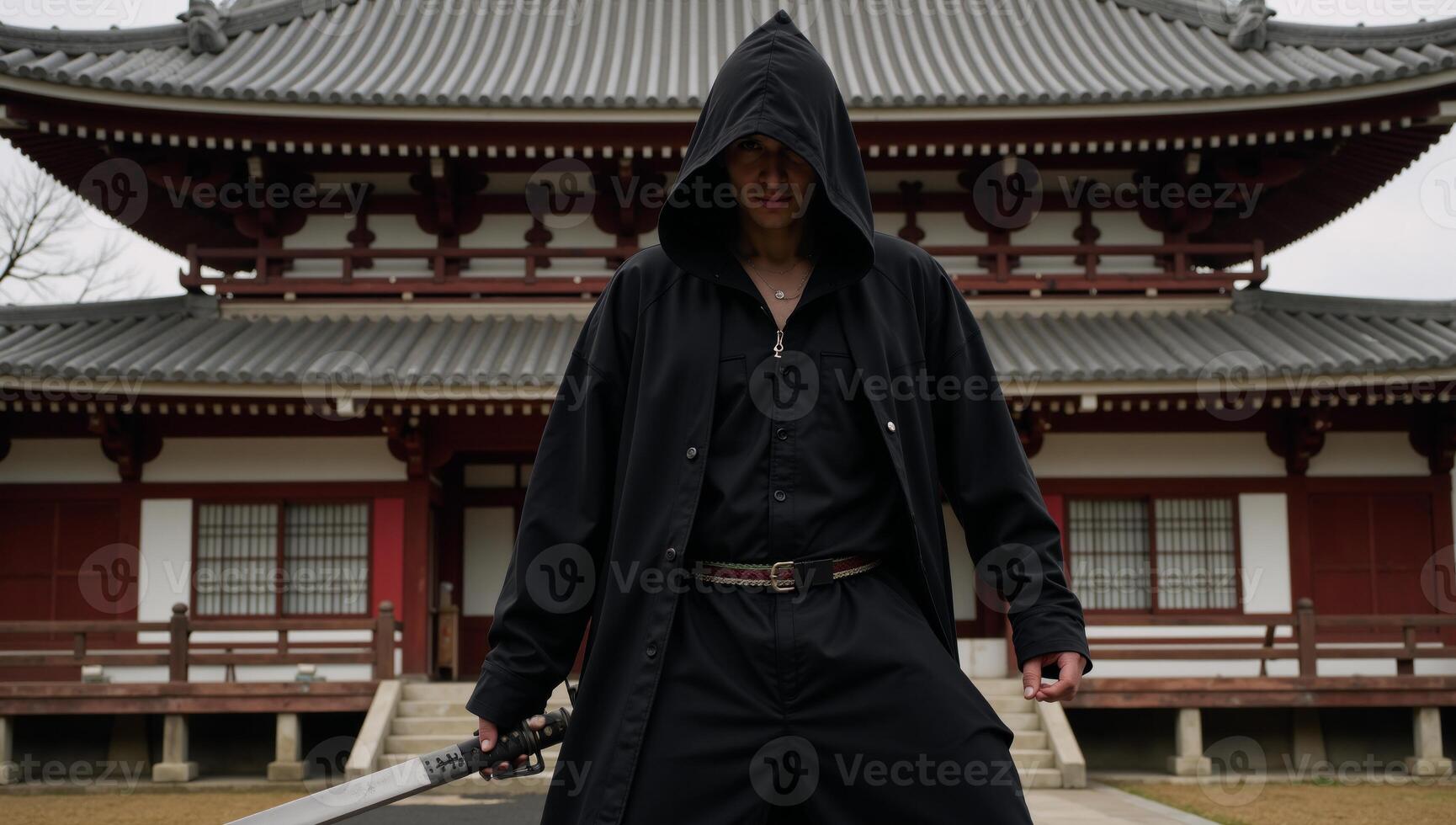 A solitary samurai stands guard outside a Japanese temple photo
