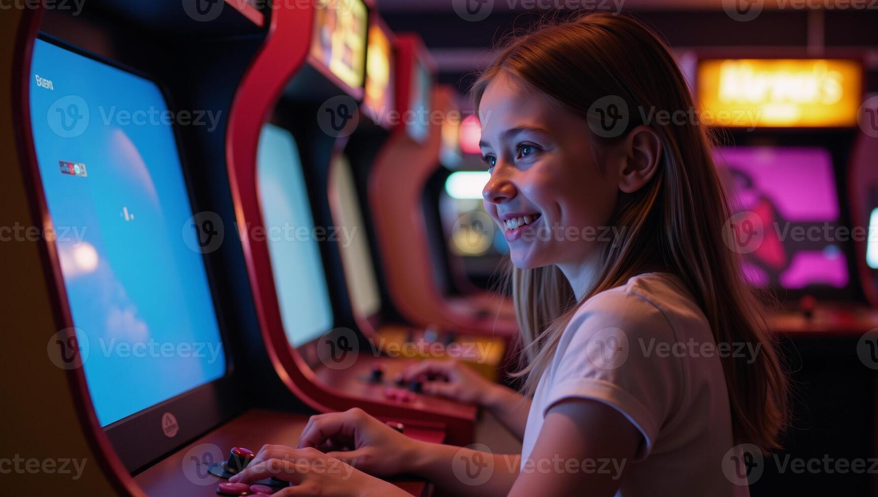 Girl playing pixel art arcade game in retro gaming hall with neon lighting photo