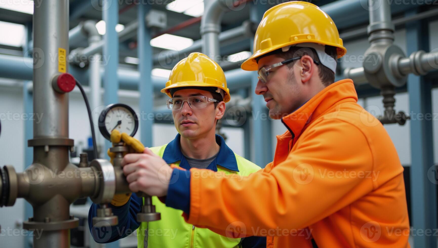 Workers wearing safety gear closely examine a hydrogen gas storage site midshot photo