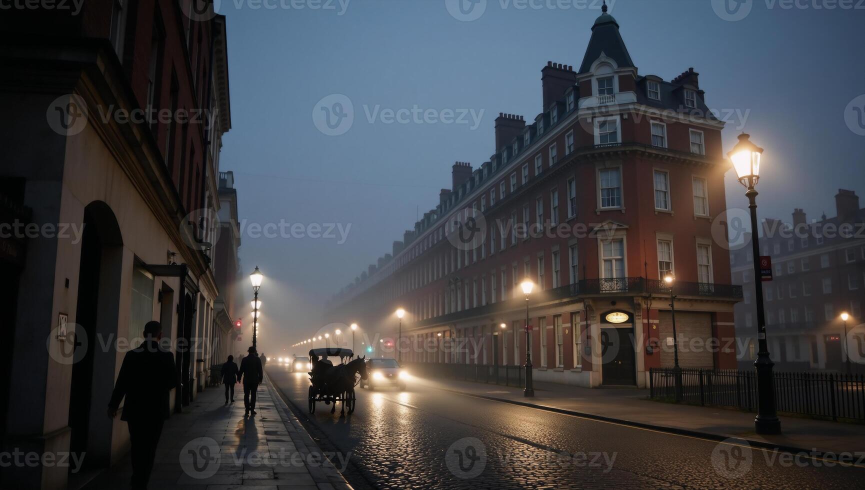 A foggy night scene featuring cobblestone streets in Victorianera London photo