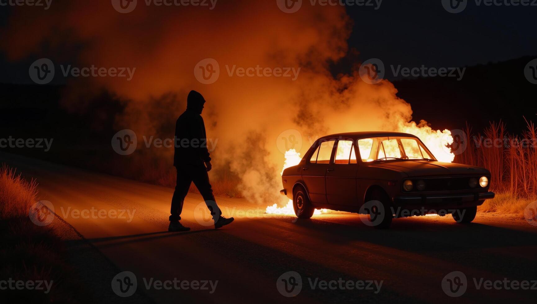 Hooded figure passing by flaming wreckage at twilight photo
