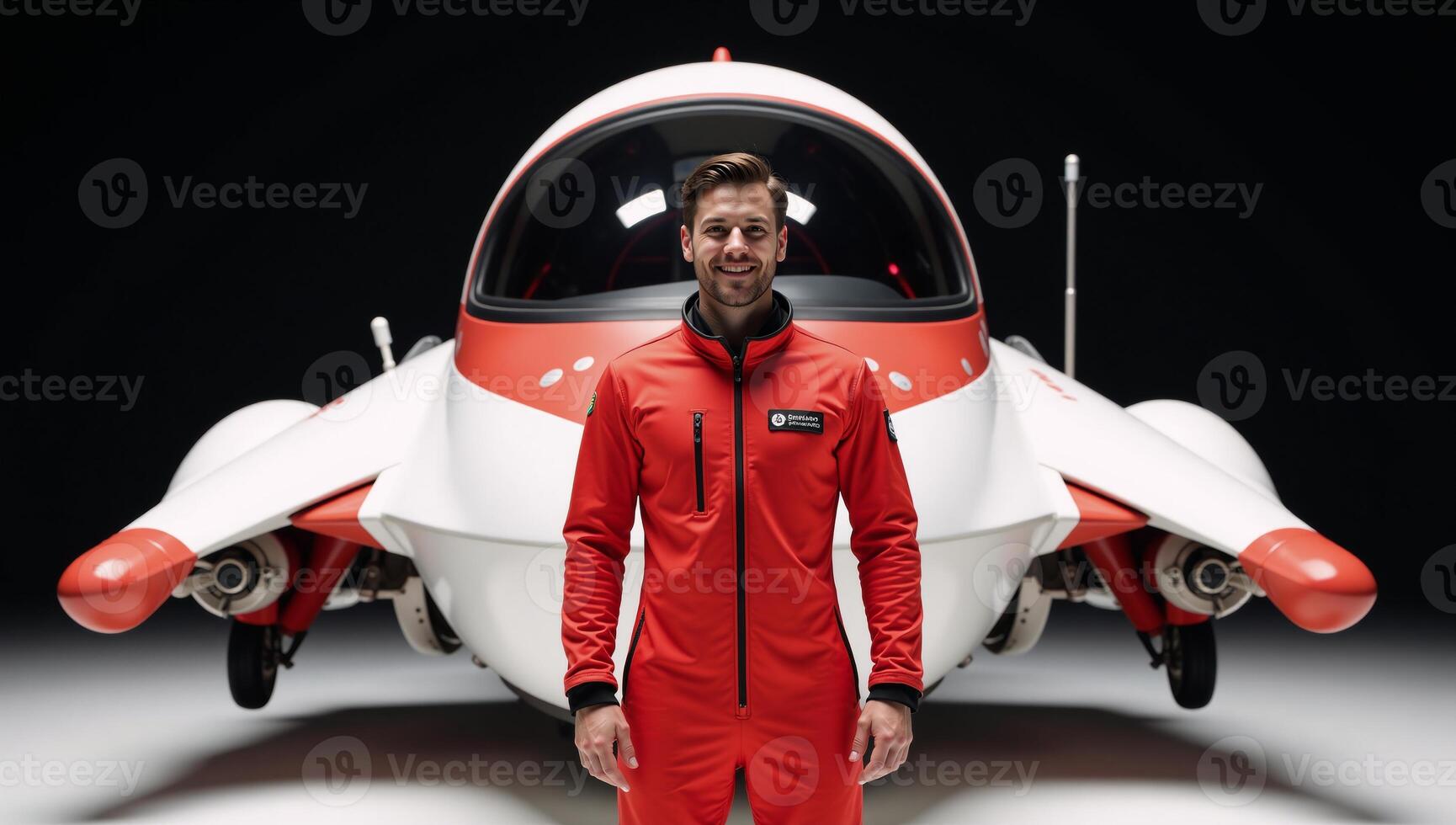 A cartoonish redandwhite spaceship features a smiling astronaut in a red suit photo