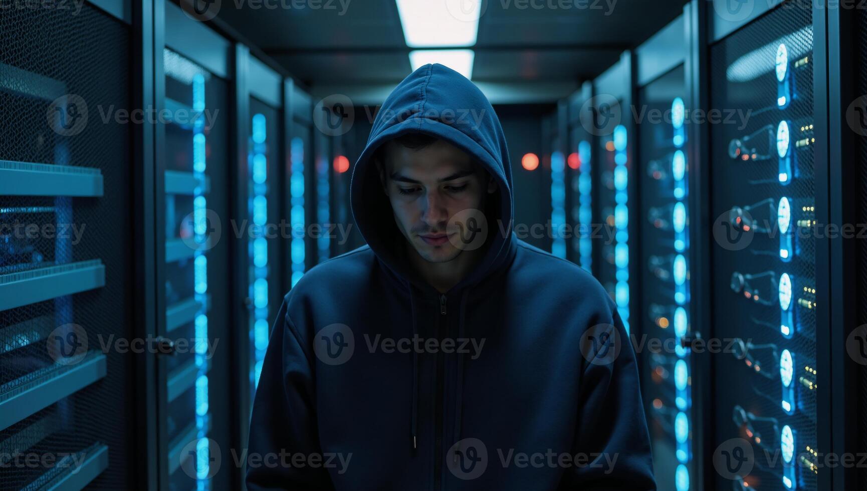 A Hacker in a Hoodie within a Data Center setting photo
