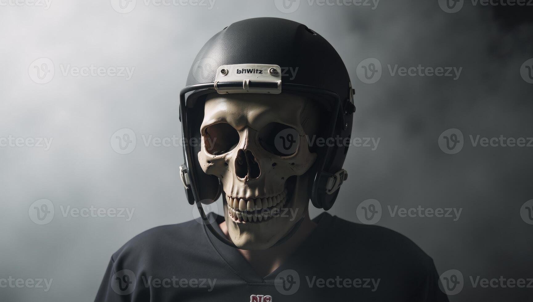 A chilling image featuring a skullhelmet fusion with a ghoulish face behind a cracked visor showcasing visible bones in the eerie fog photo
