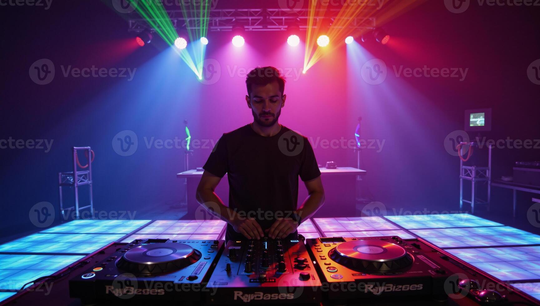 Vibrant rave party with energetic DJ setup amongst flashing lights colorful lasers photo