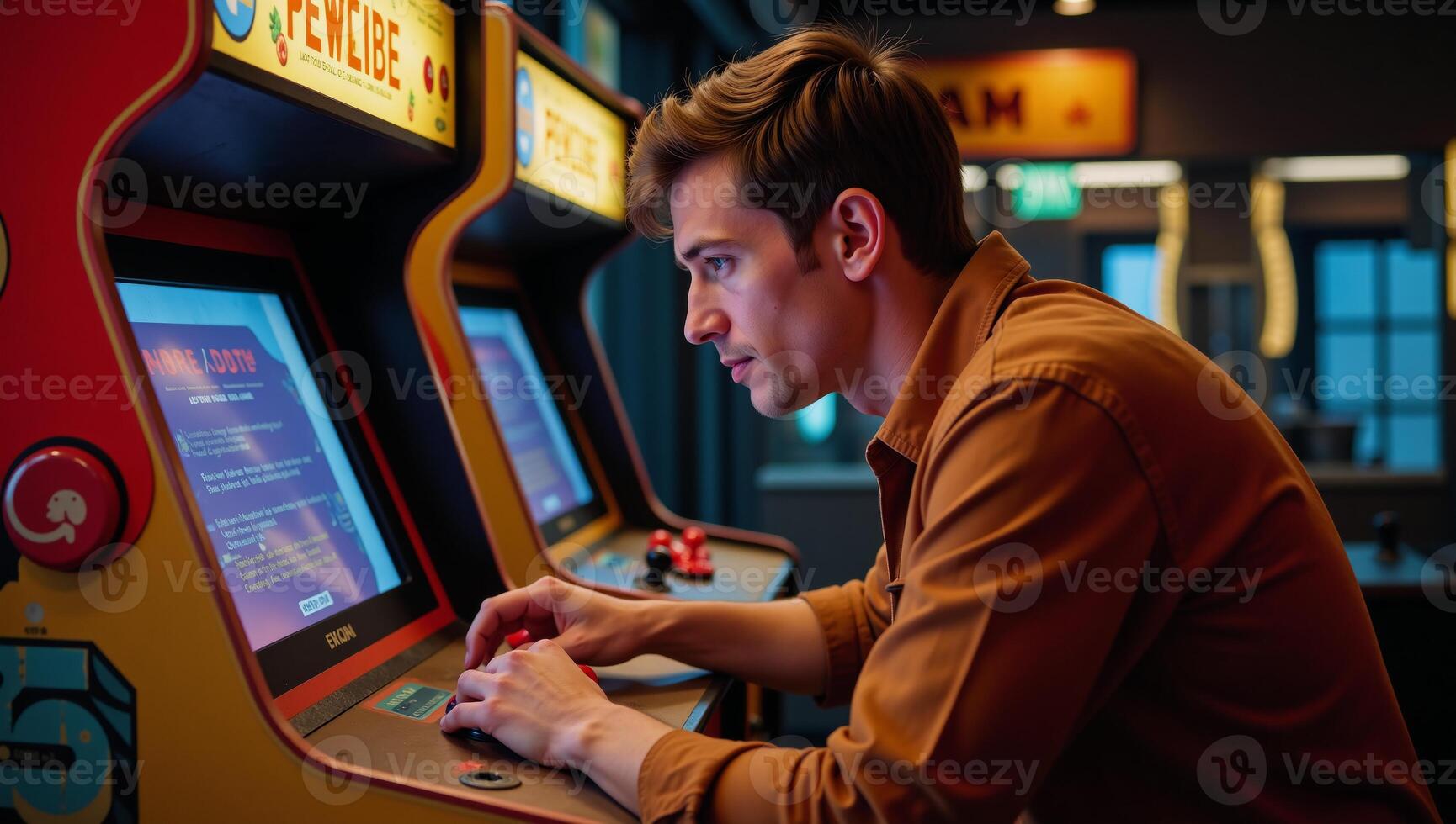 Retro arcade setting featuring a man playing classic games with a vintage feel photo