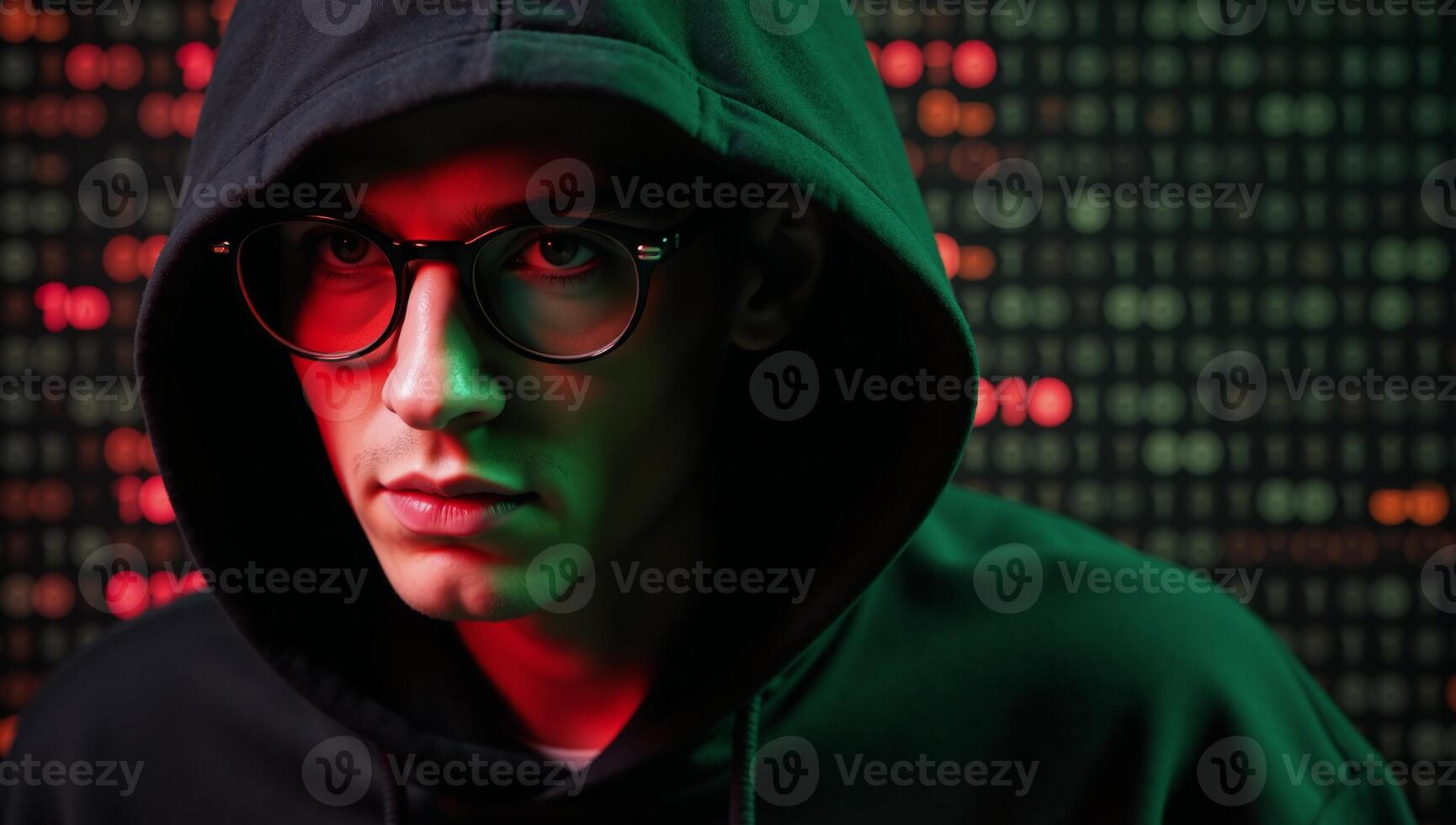 Hooded hacker in front of binary code backdrop photo