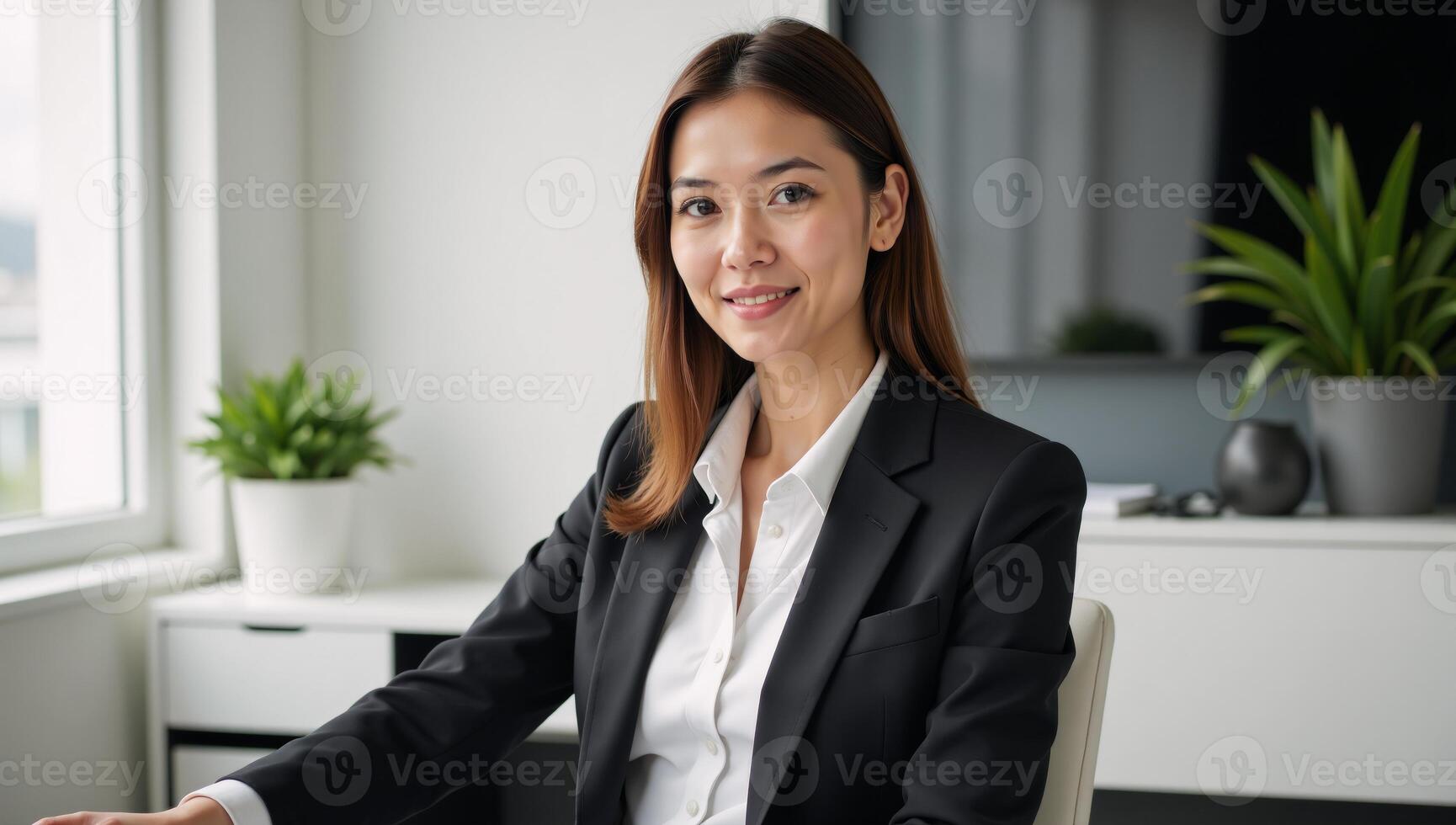 Businesswoman poses professionally at desk with casual ease under soft office lighting photo