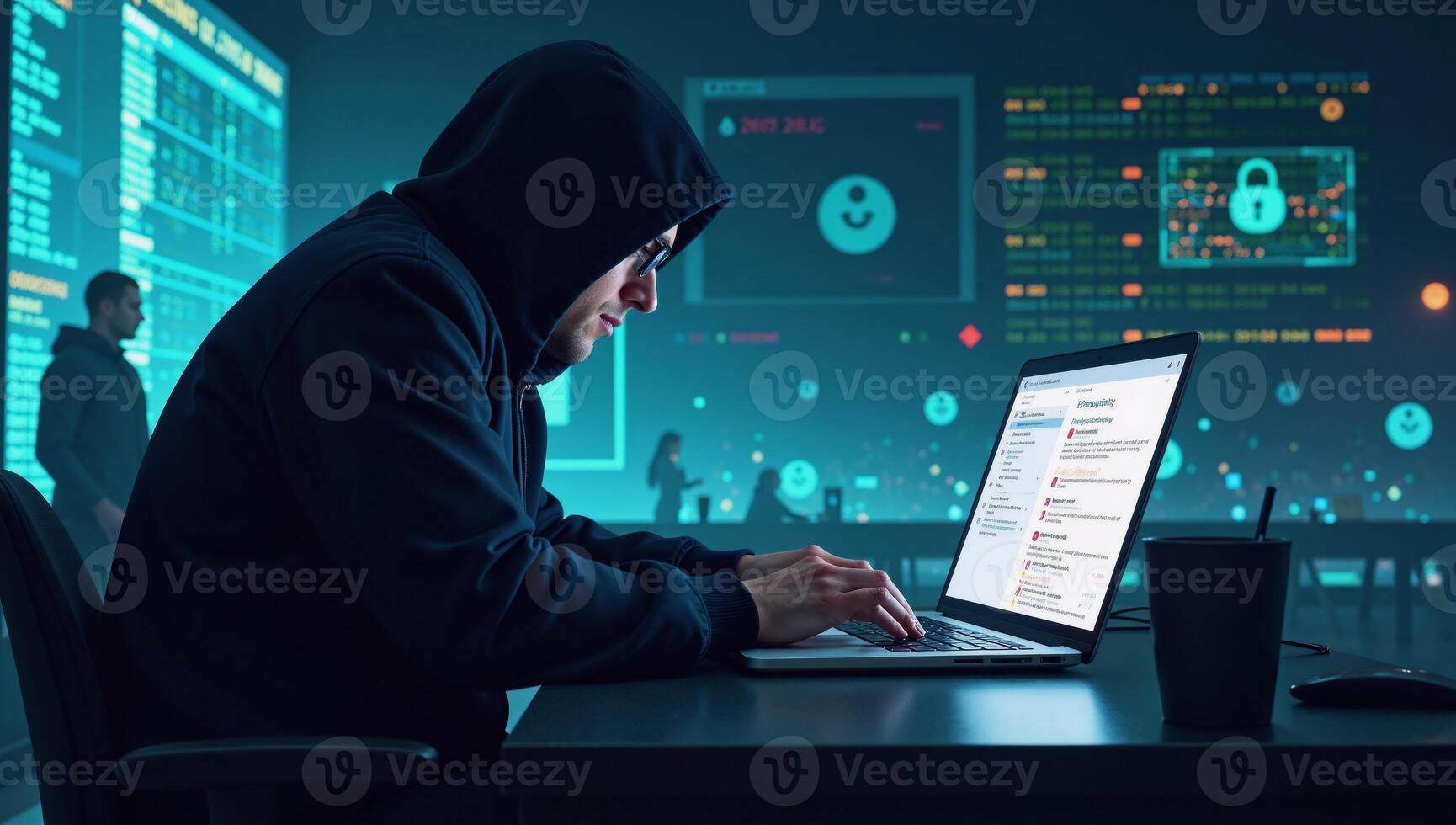 Cybersecuritythemed illustrative artwork focusing on hacking espionage and tech advancements as a UHD wallpaper design photo