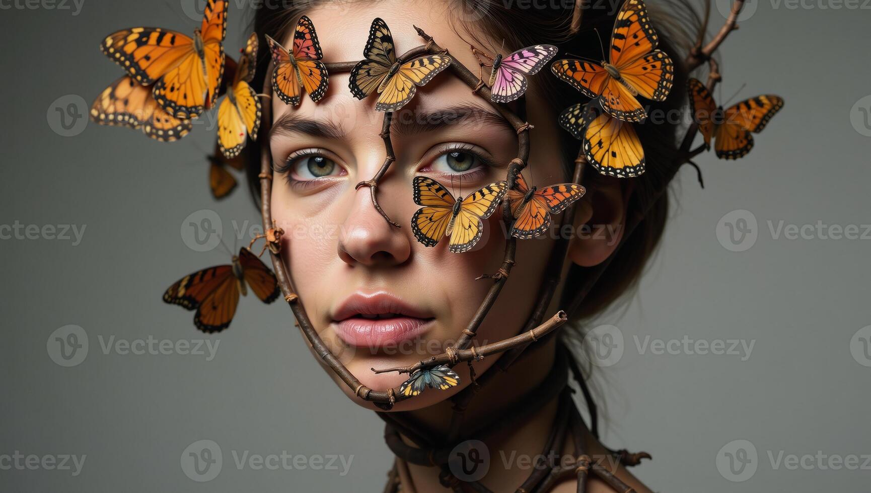 Head sculpted from trees and butterflies concept illustration photo