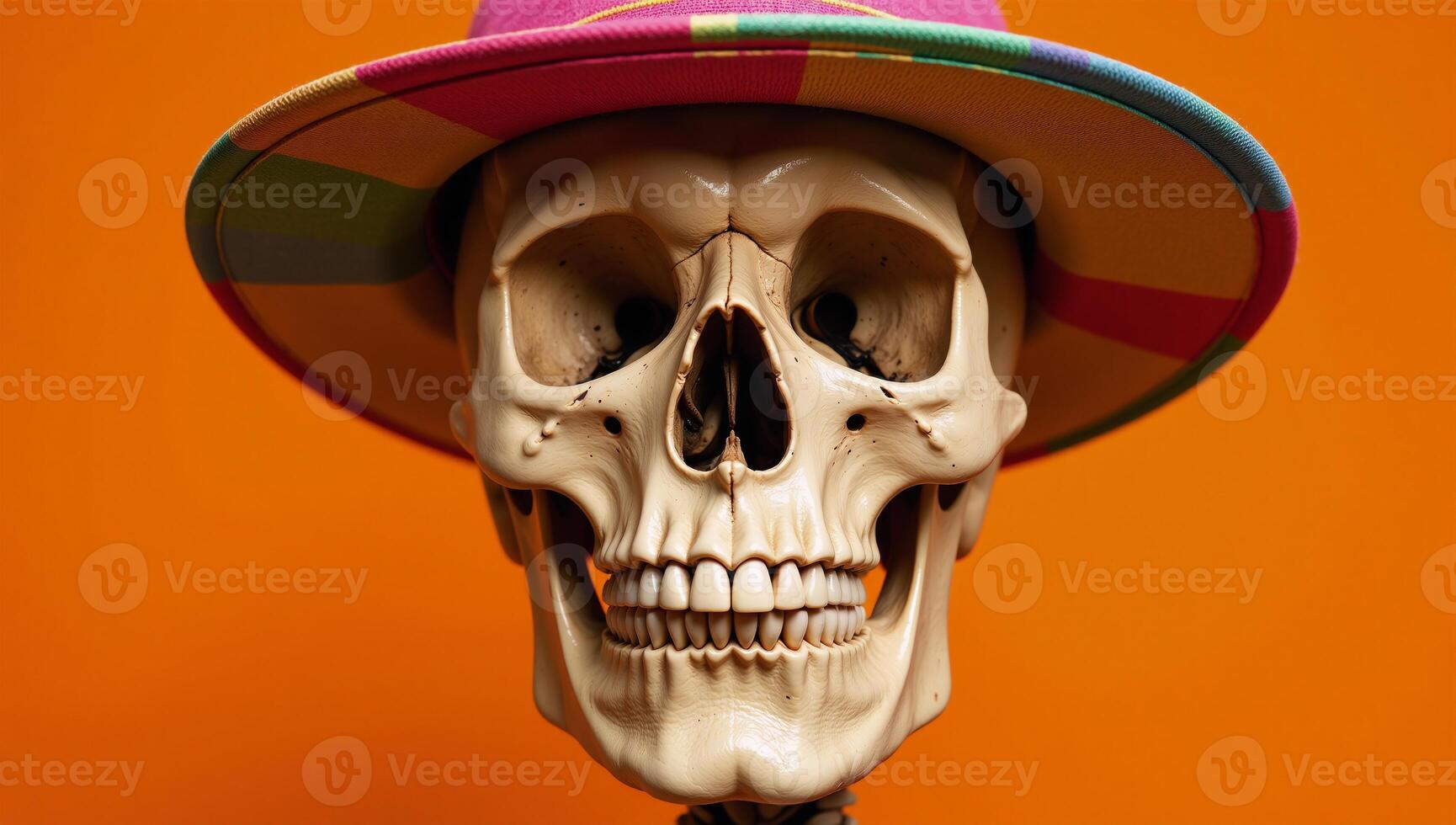 Skull with hat on vibrant orange backdrop Minimalist Art Style photo