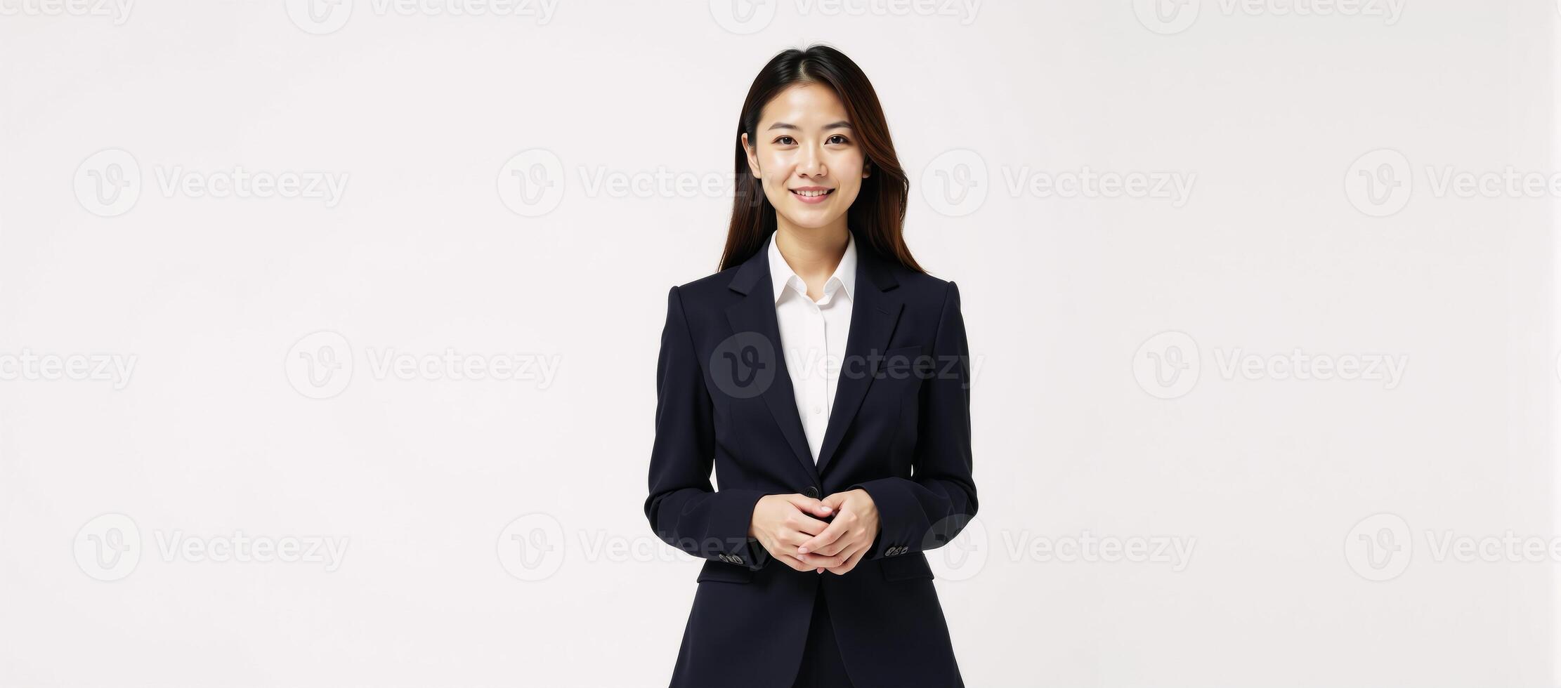 Businesswoman in suit against white backdrop photo