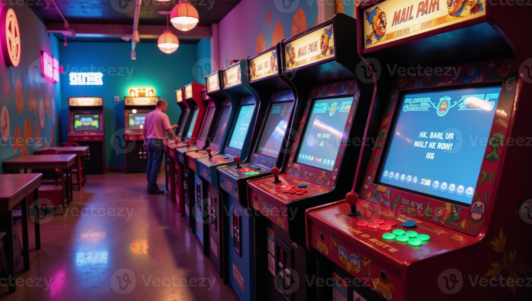 Nostalgic arcade room illustrated with retro gaming cabinets neonlit floors pixelated game character murals photo