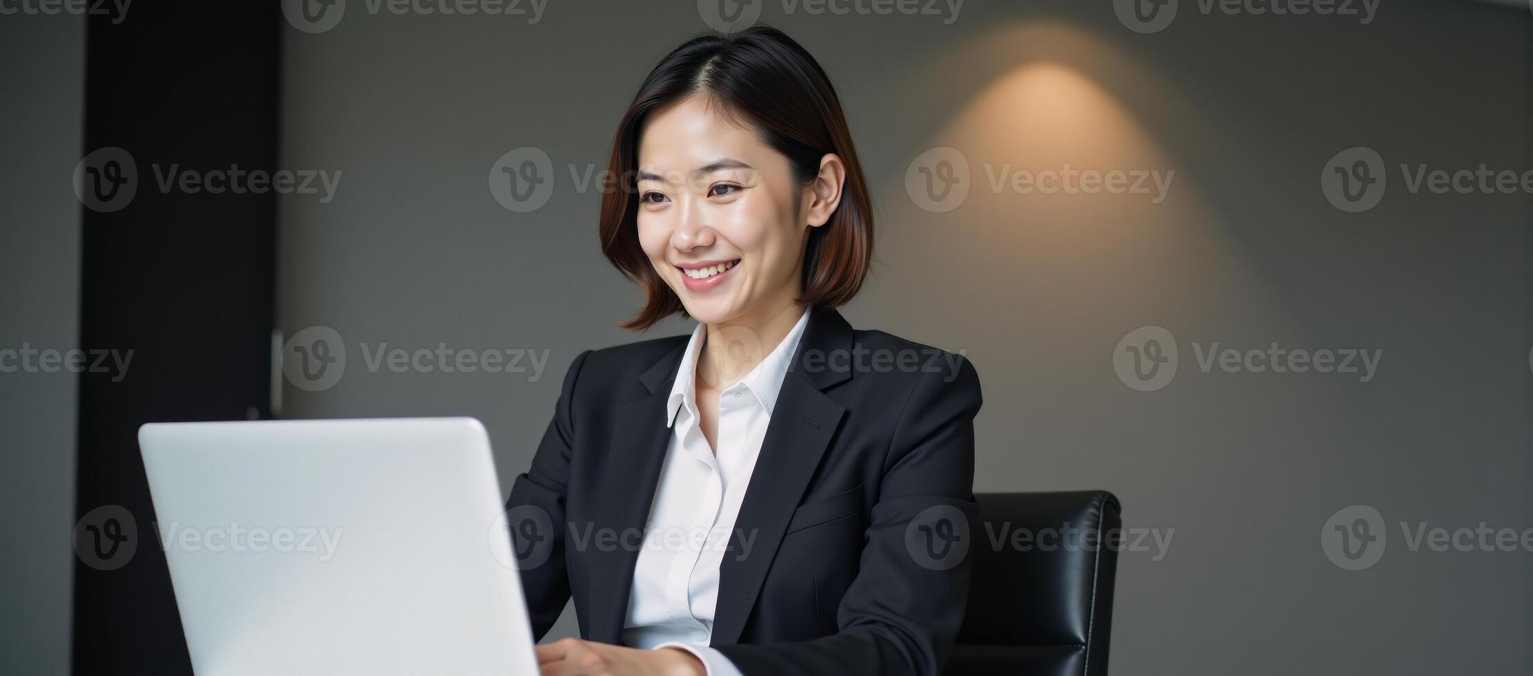 Asian woman with short hair and office suit poses while holding laptop photo