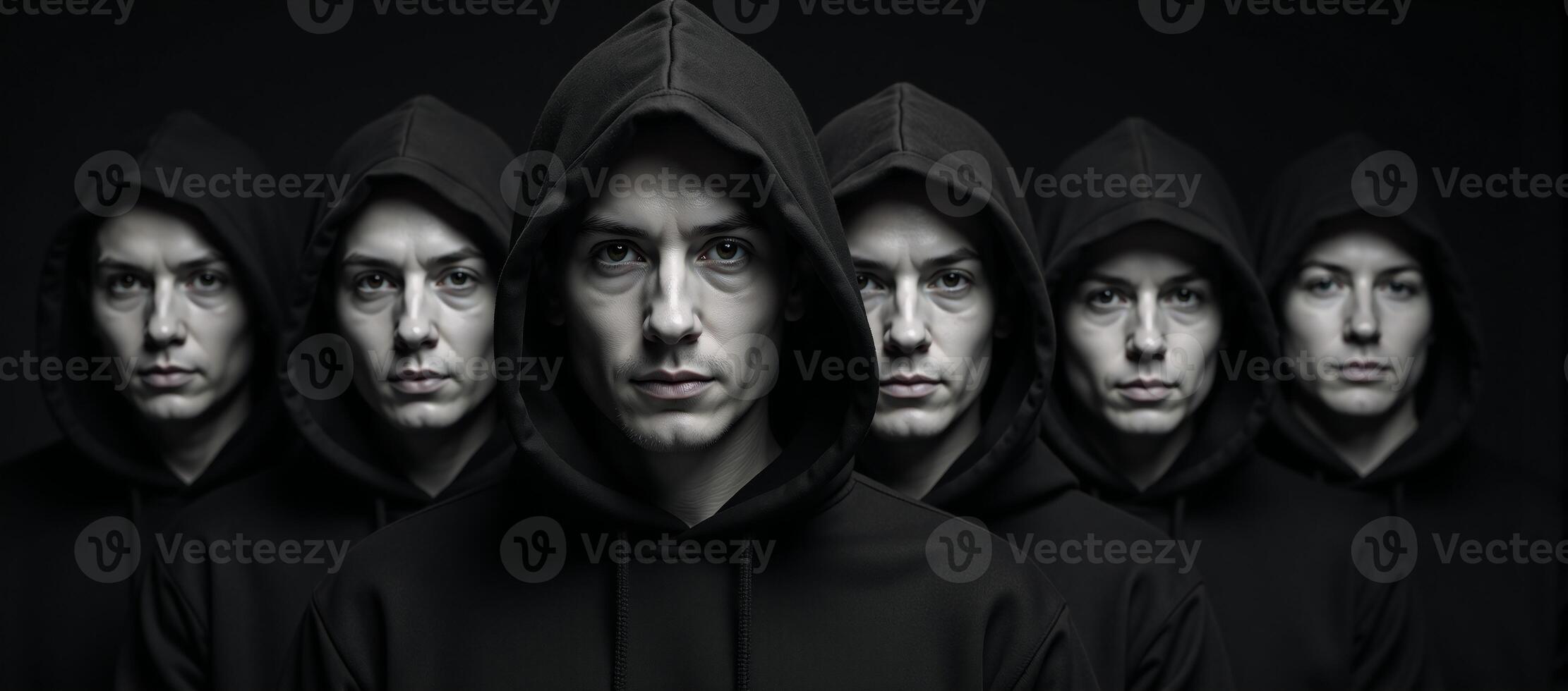 Hooded figures gather before a backdrop of darkness photo