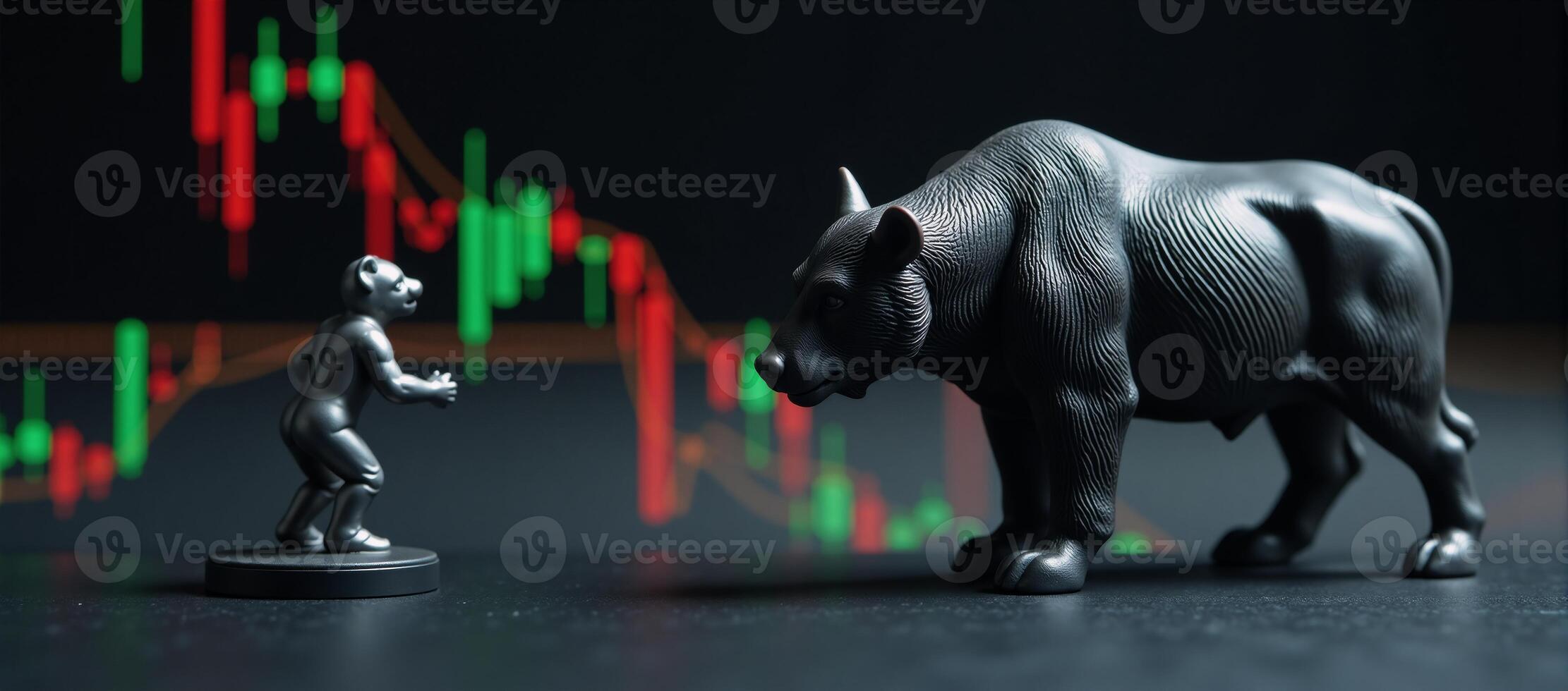 A dynamic closeup view of Bull and Bear positioned beside fluctuating stock price charts featuring sharp details on the animal forms under a soft digital glow photo