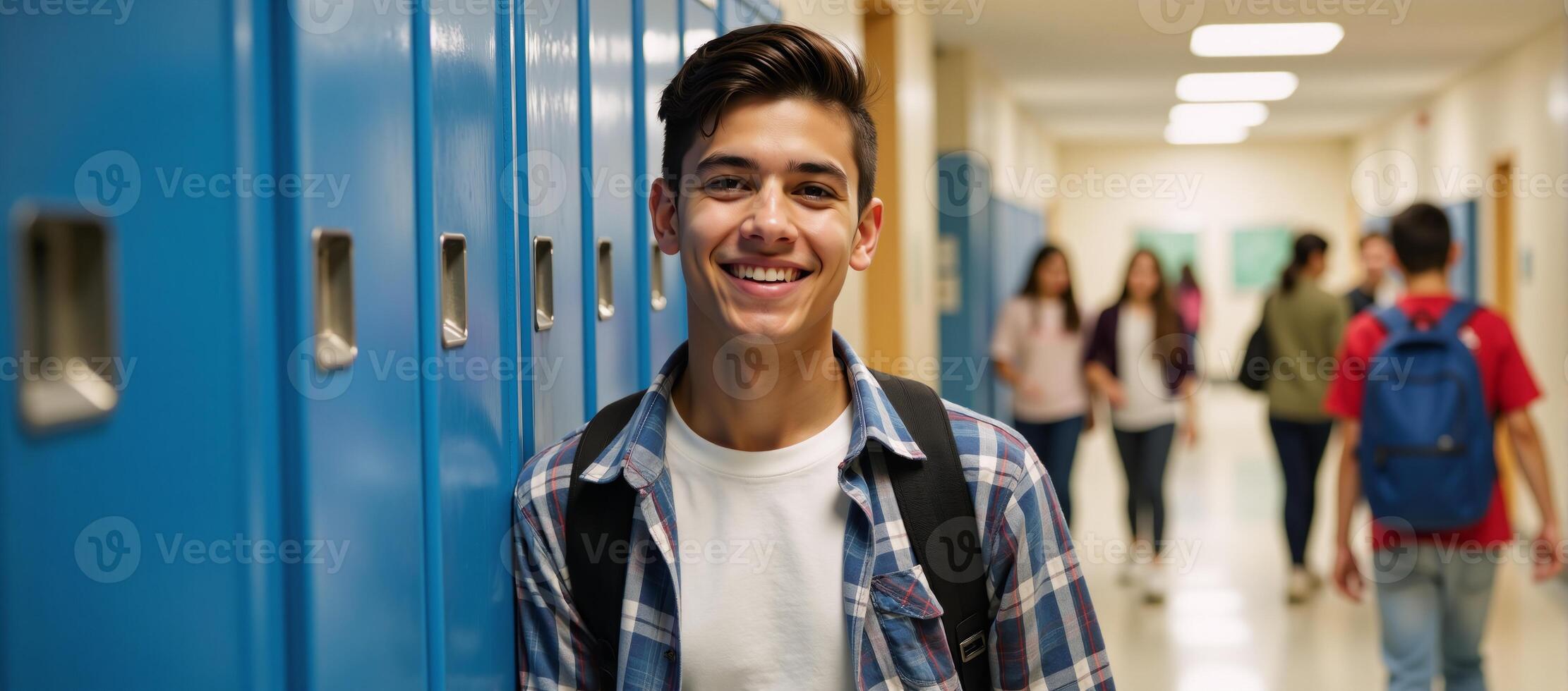 Teenager in school setting at lockers photo
